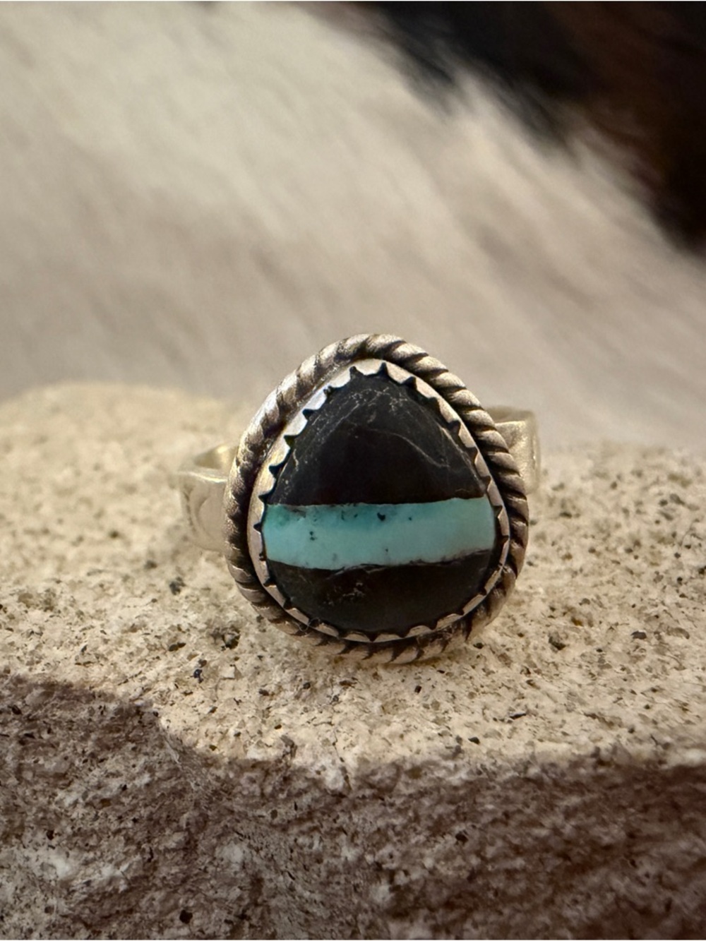 ❤️Black Jack Turquoise Sterling 925 Unique Teardrop Stone ADJ  Navajo Style Ring